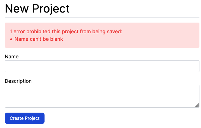 tailwind project form with error